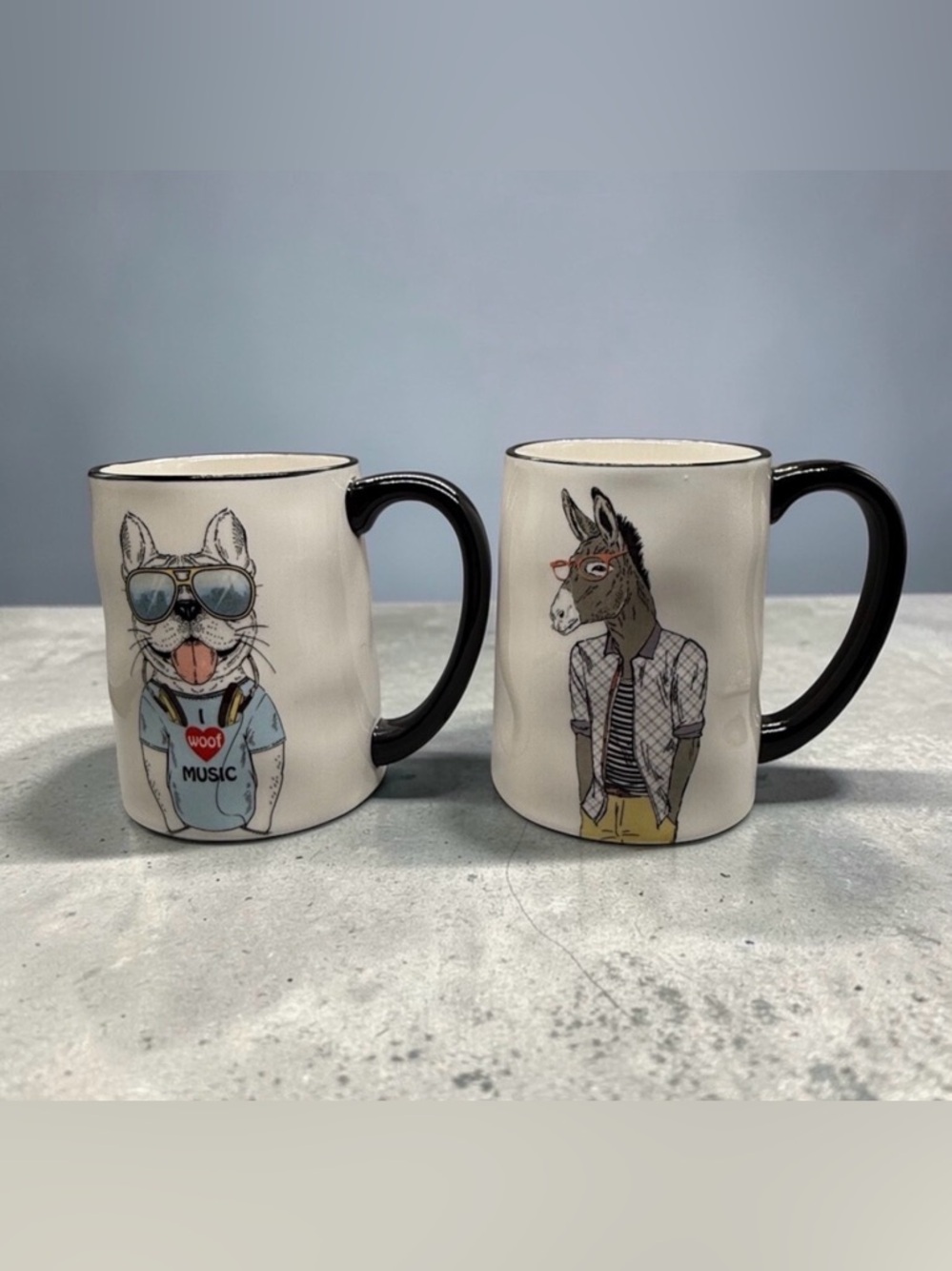 Signature Housewares Animal Mugs Set of‎ White Hipster Frenchie & Donkey Mugs